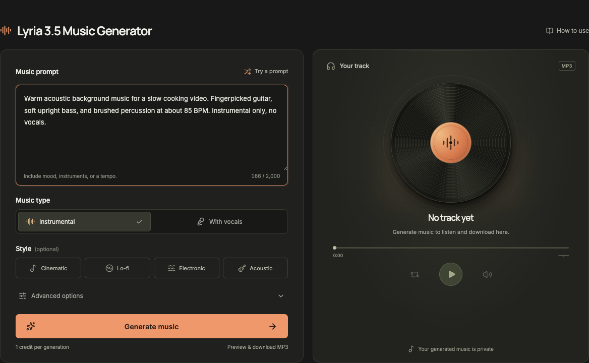 The PlayLyria editor with a music prompt, Instrumental selected, optional style controls, and the result player.